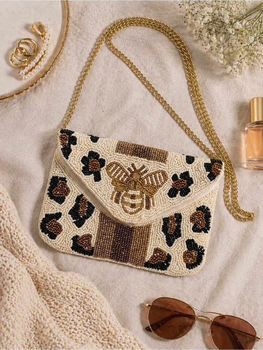 SHIRDEE Beaded Bee Crossbody Clutch Ivory Gold Black Mini Bag